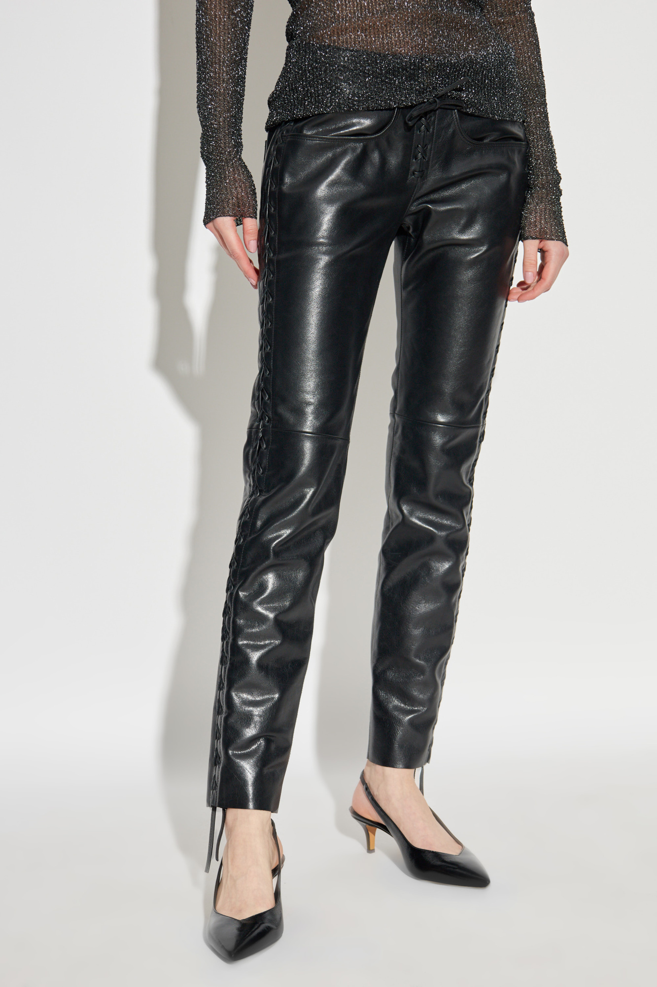 Isabel Marant Lace-up Leather Straight Trousers In Black