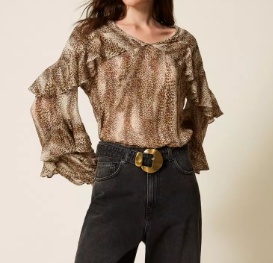 Twinset Animal Print Blouse With Ruffled Sleeves In Brown