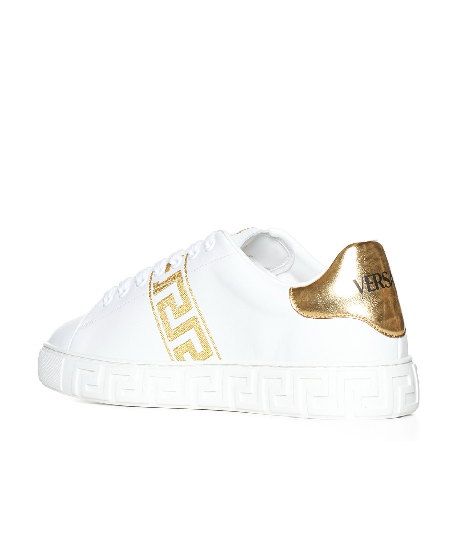 Versace Leather Sneakers Greca Embroidered Detail Gold Accents In White
