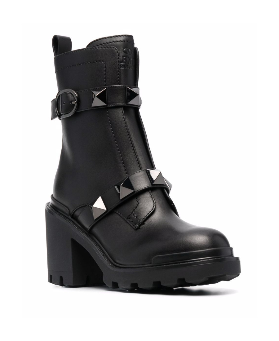 Valentino Roman Stud Leather Combat Boots In Black