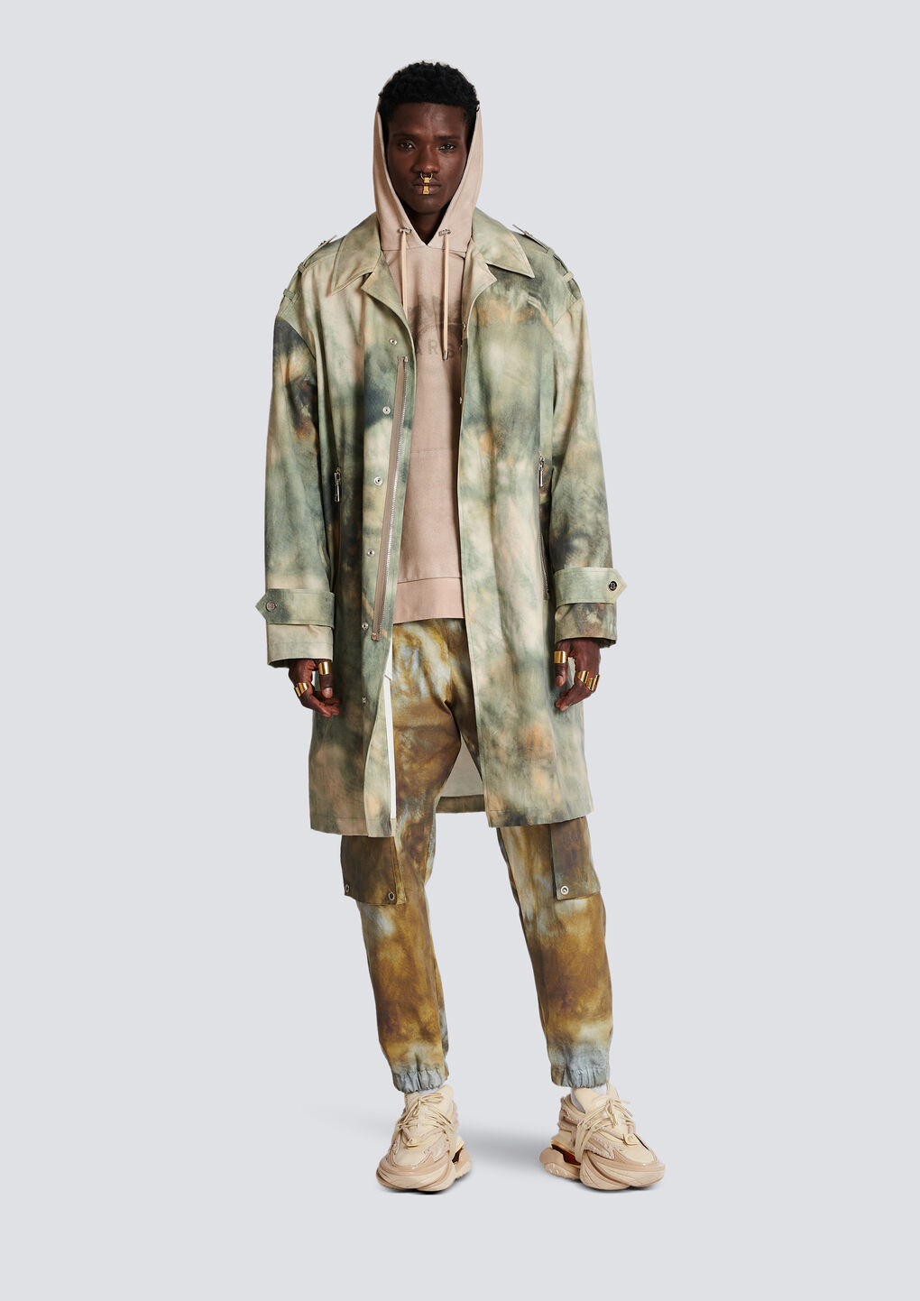 Shop Balmain Hoodie In Eco-responsible Cotton With Paris Desert Logo Print In Nude