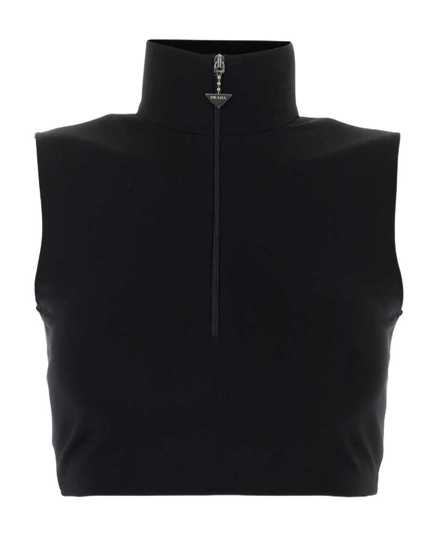 Prada Half Zip Sleeveless Crop Top In Black
