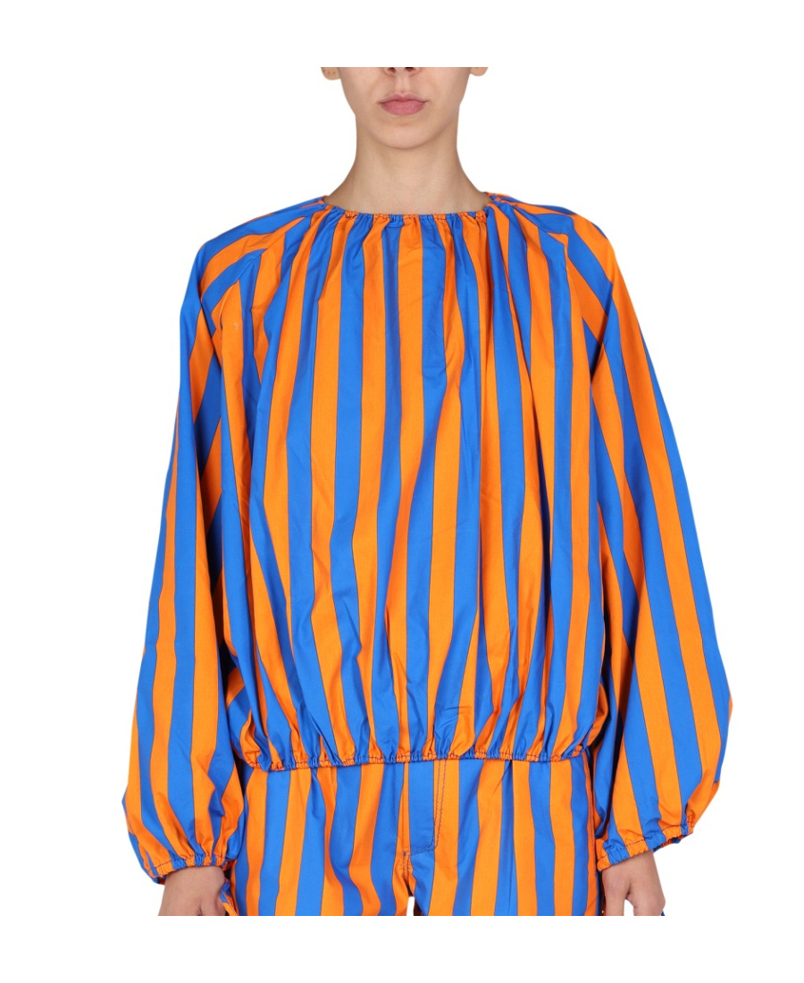 Shop Sunnei Striped Printed Puff-sleeved Blouse In Blue