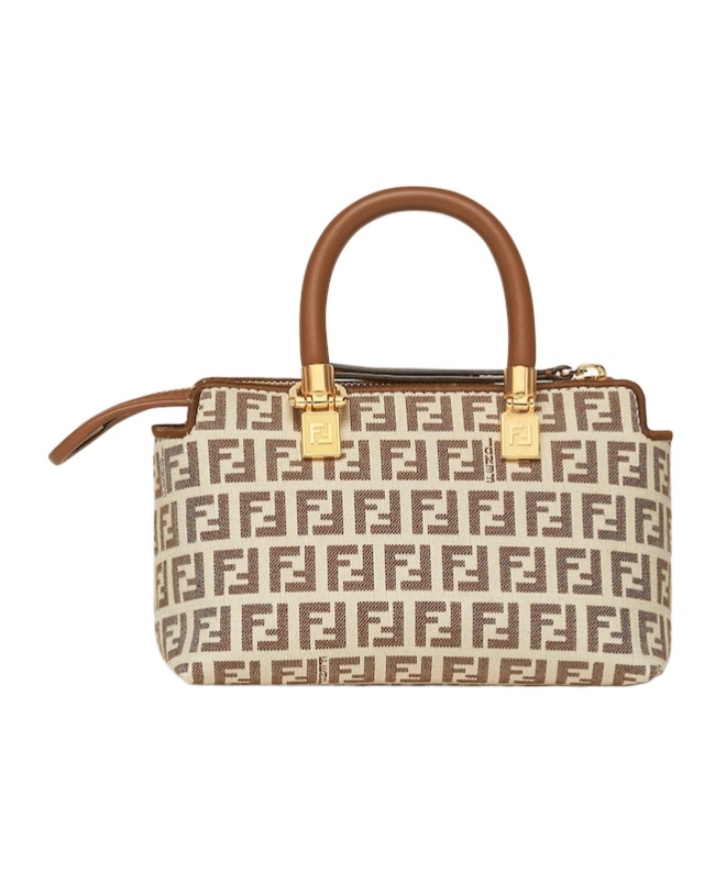 Fendi Small Brown Ff Fabric Boston Bag In Nude