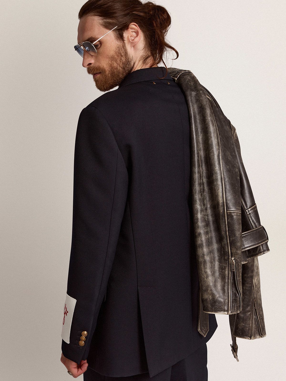 Golden Goose Navy Blue Pinstripe Double-breasted Jacket In Black