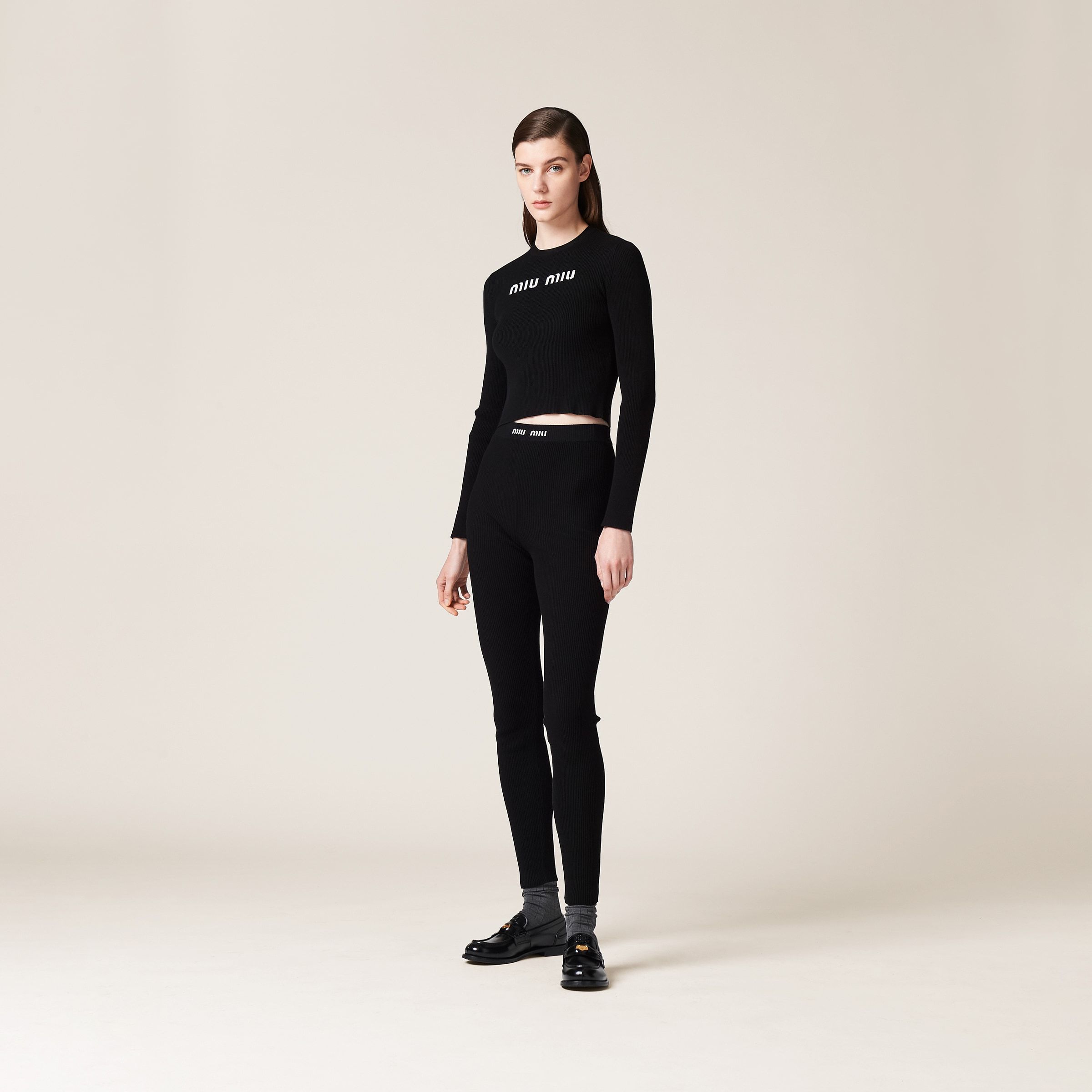 Miu Miu Logo-band Ribbed Leggings In Black