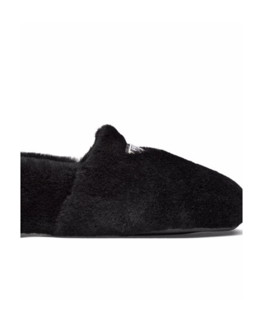 Prada Logo Shearling Slippers In Black