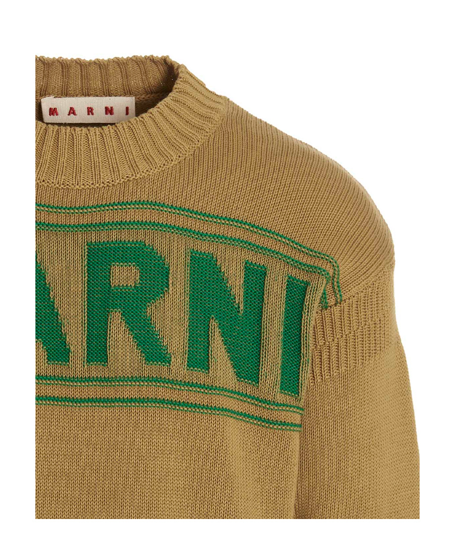 Shop Marni Dark Yellow Cotton-knit Sweater With Inlaid Logo In Green