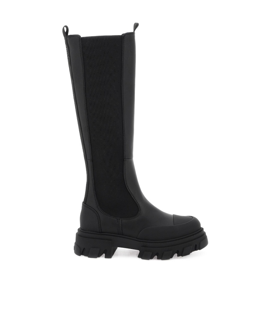 Ganni Black Knee-high Chelsea Boots - Size 41 Calf Leather In Black