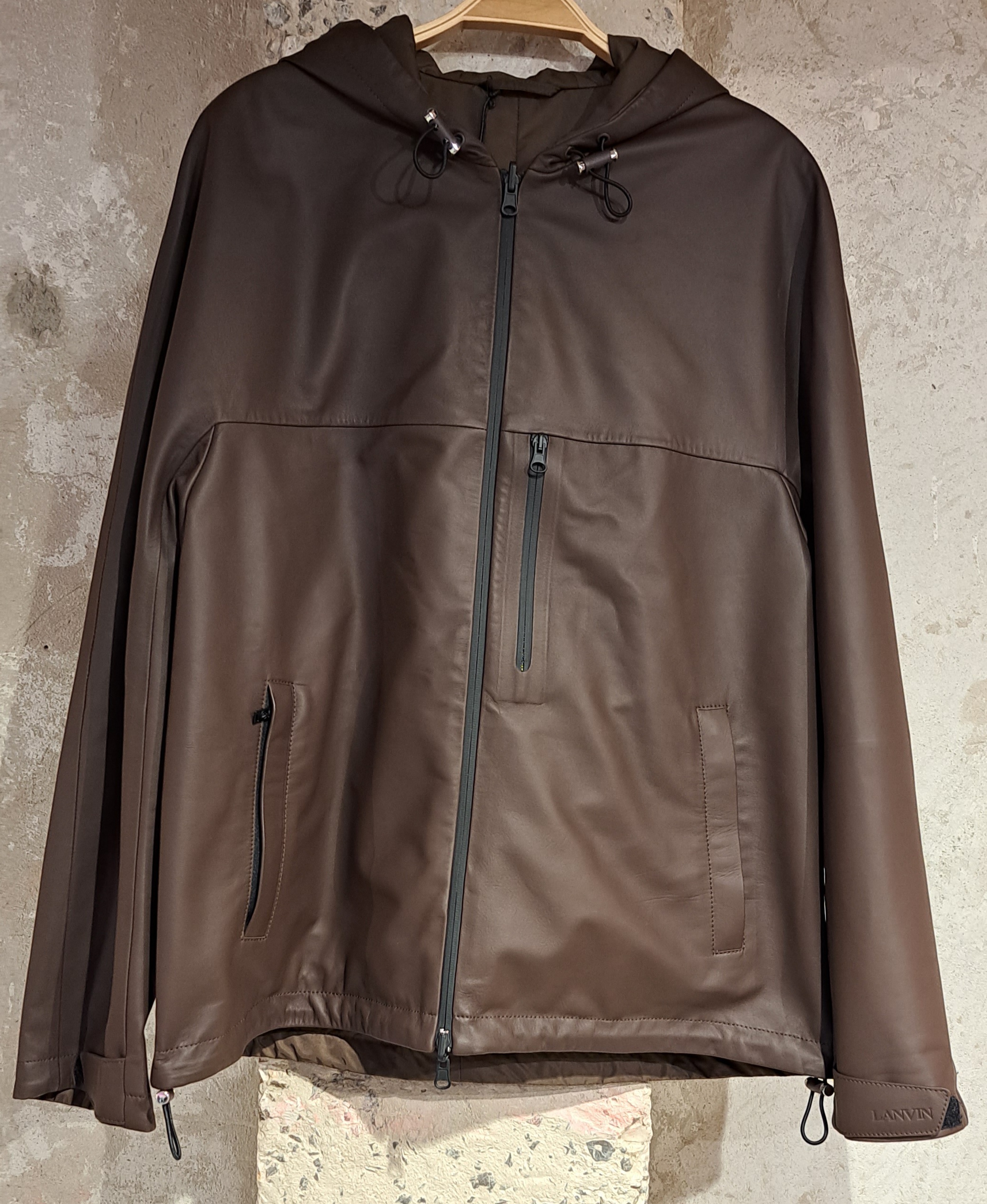 Lanvin Zip-up Leather Hooded Jacket In Brown