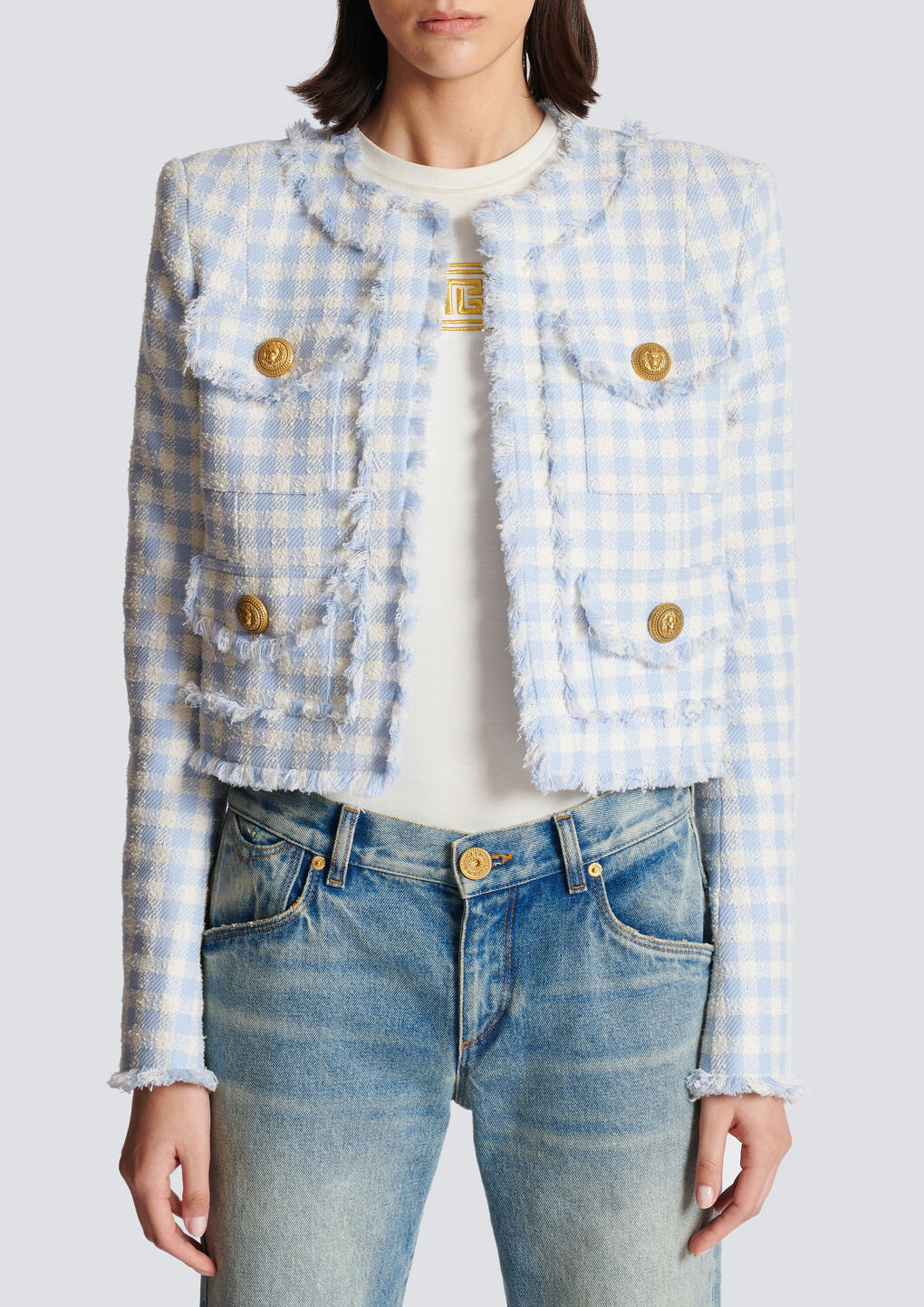Balmain Blue Plaid Cropped Tweed Jacket In White
