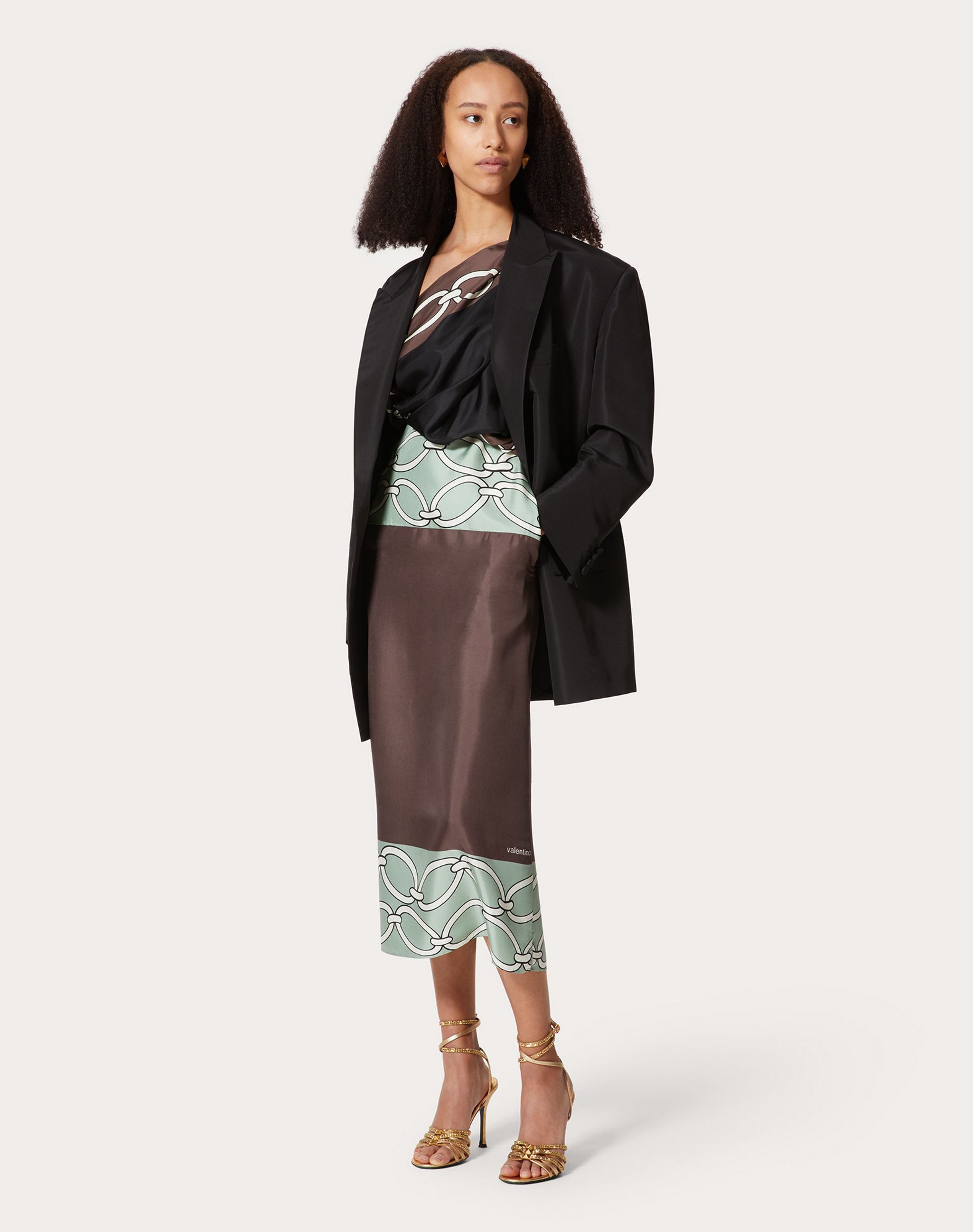 Valentino Chain-print One-shoulder Silk Midi Dress In Brown