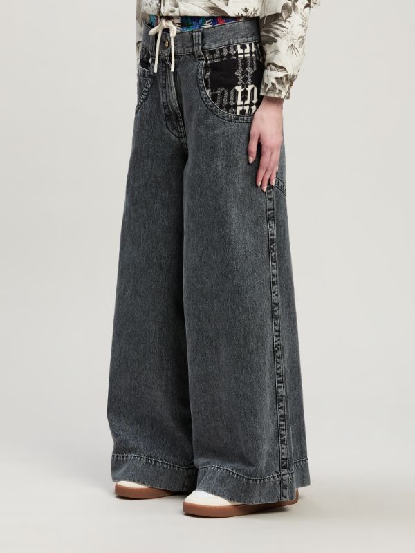 Palm Angels Monogram-pattern Wide-leg Jeans In Black