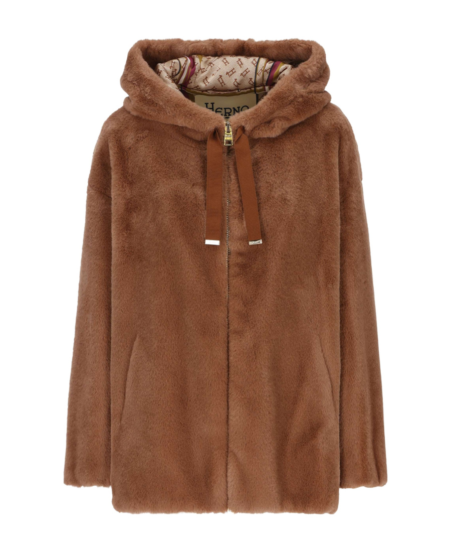 Herno Dark Brown Faux Fur Bomber Jacket With Custom Drawstring Hood In Brown