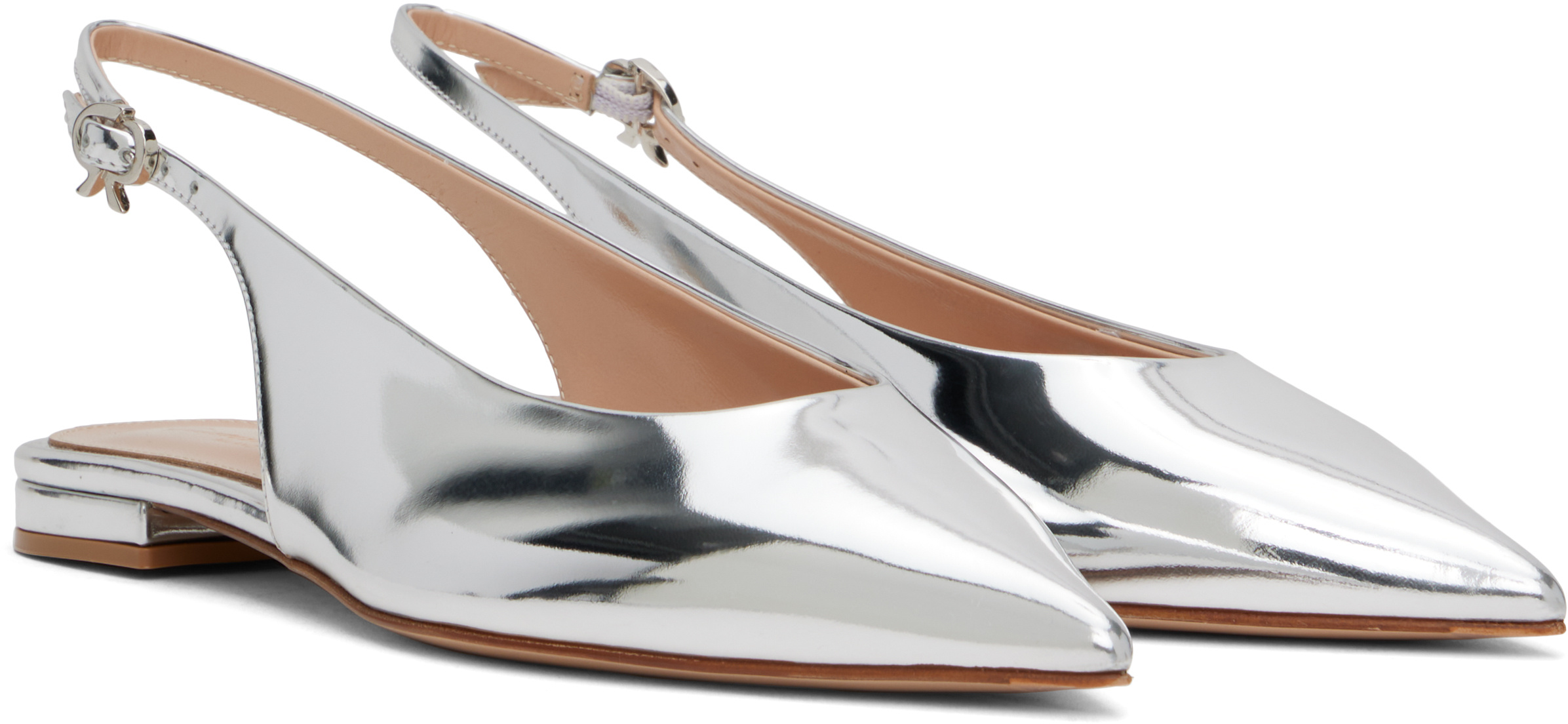 Gianvito Rossi Robbie Metallic Leather Slingback Flats In Silver