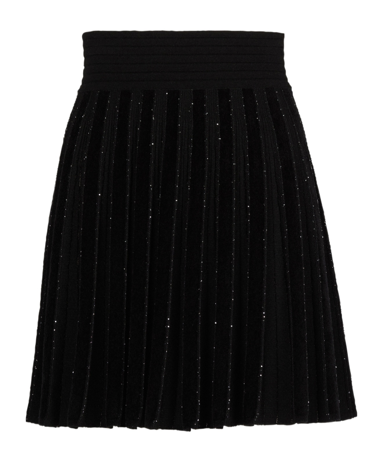 Balmain Pleated Glitter Knit Skirt In Black