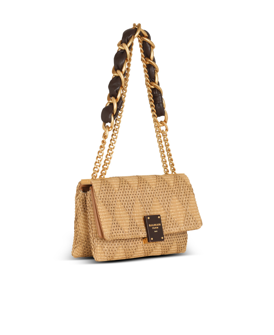 BALMAIN 1945 SOFT SMALL BAG IN LEATHER AND RAFFIA