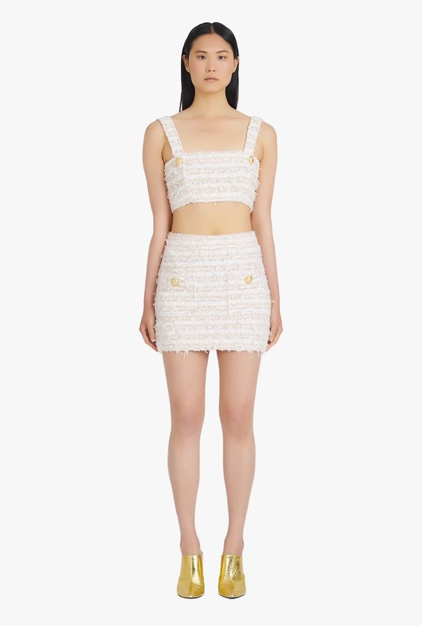BALMAIN WHITE TWEED SPORTS BRA CROP TOP