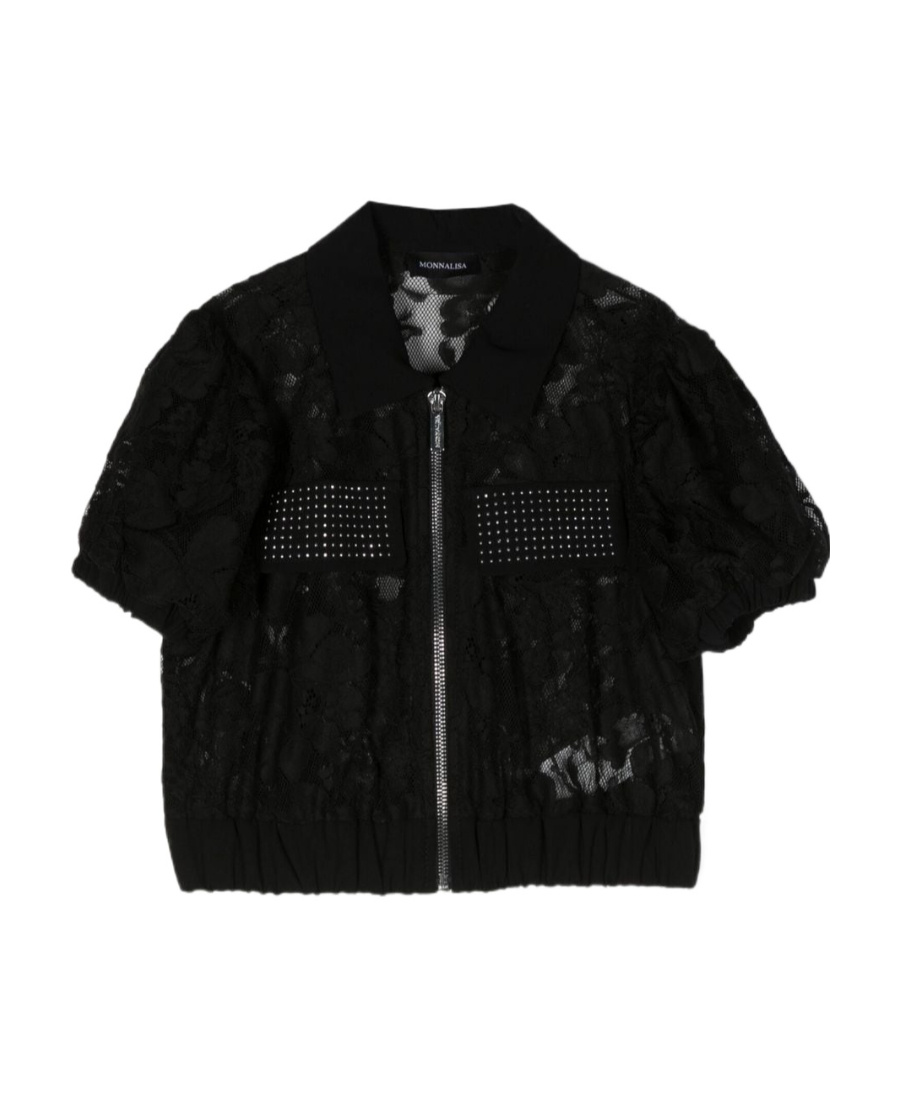 Monnalisa Lace Short-sleeve Zip Shirt In Black