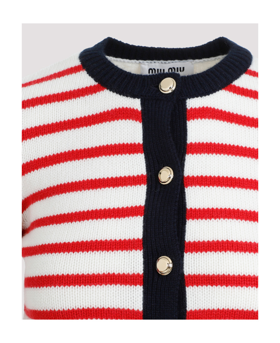 Miu Miu Striped Cashmere Cardigan In White