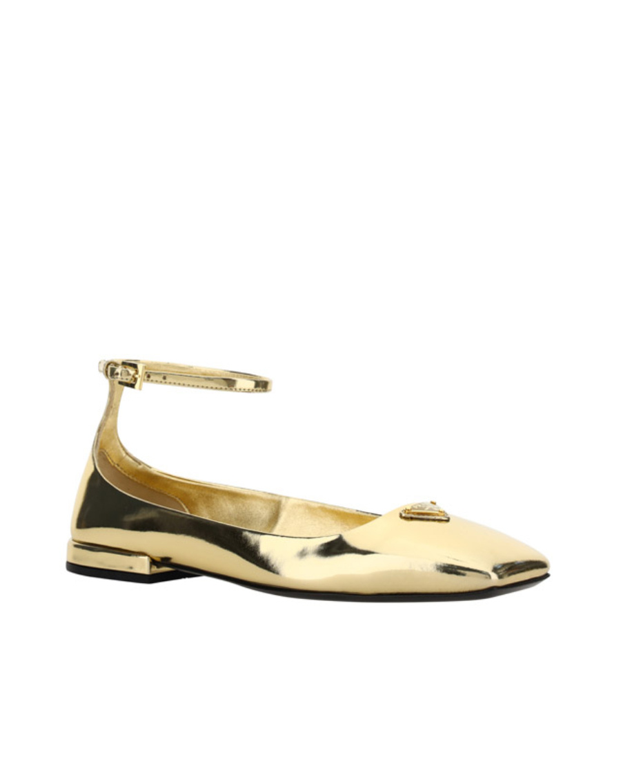 Prada Metallic-effect Leather Ballerina Shoes In Yellow