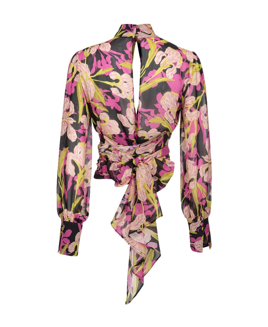 Pinko Rivelatore Floral Georgette Sash-tie Cutout Blouse In Multicolor