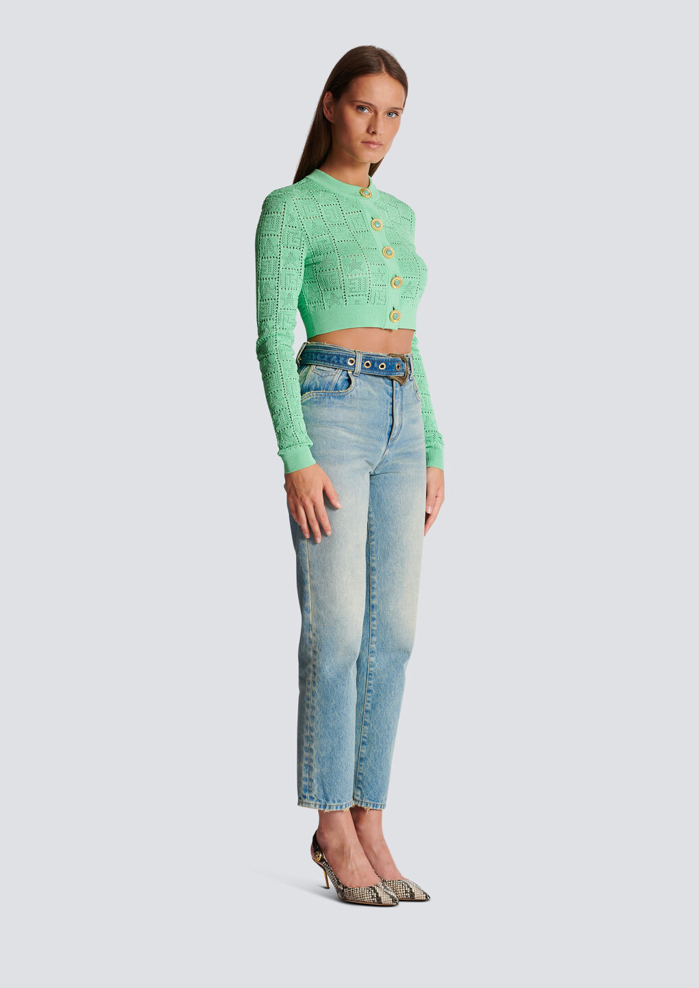 Balmain Belted High-rise Cropped Jeans In Gray