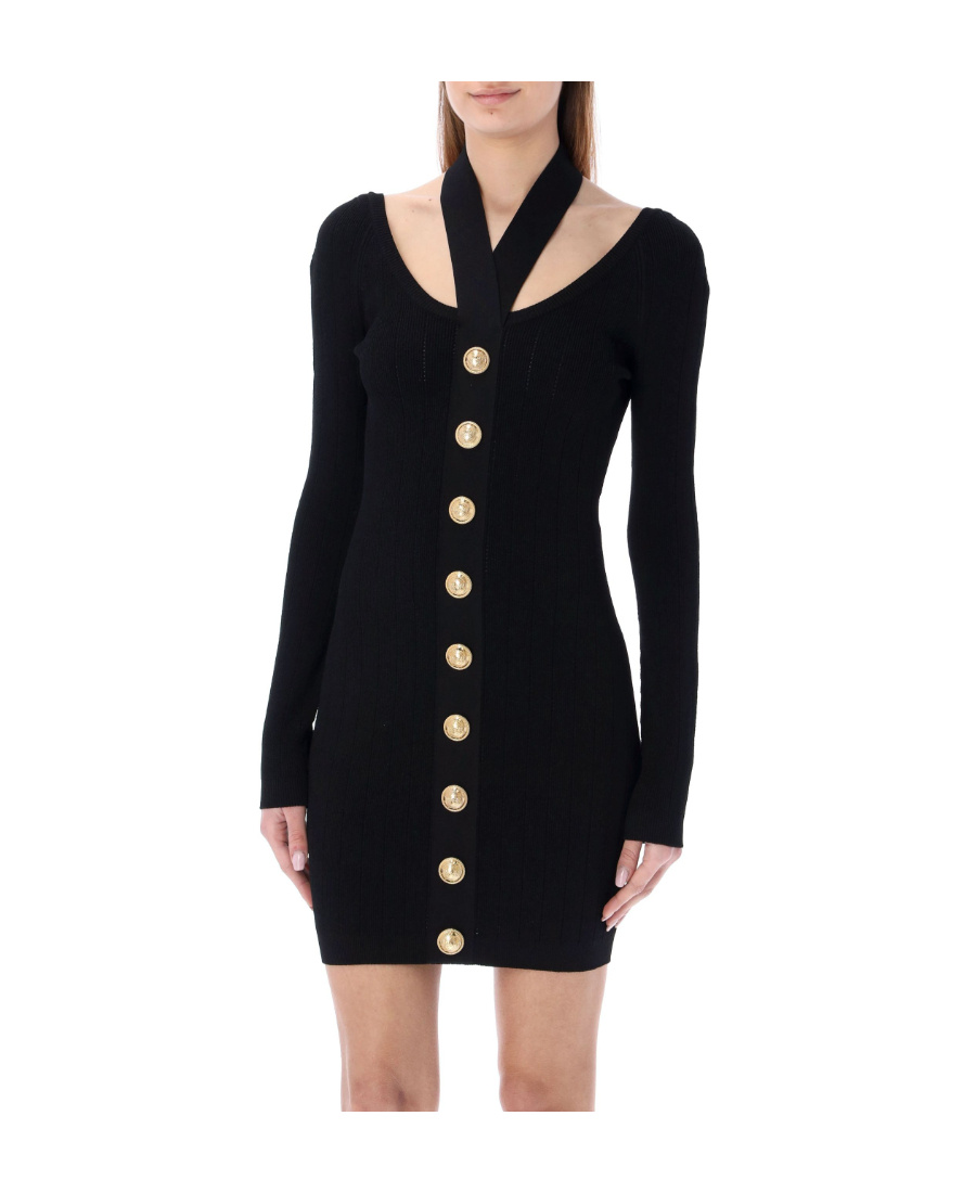 Balmain Black Viscose Button Mini Dress In Black