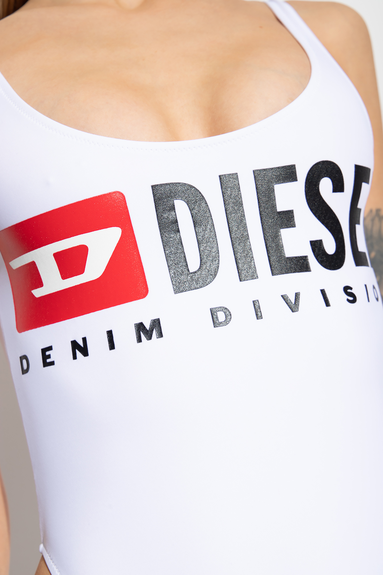 Diesel Solid Color Bfsw-pamela One-piece Swimsuit With Printed Logo In White