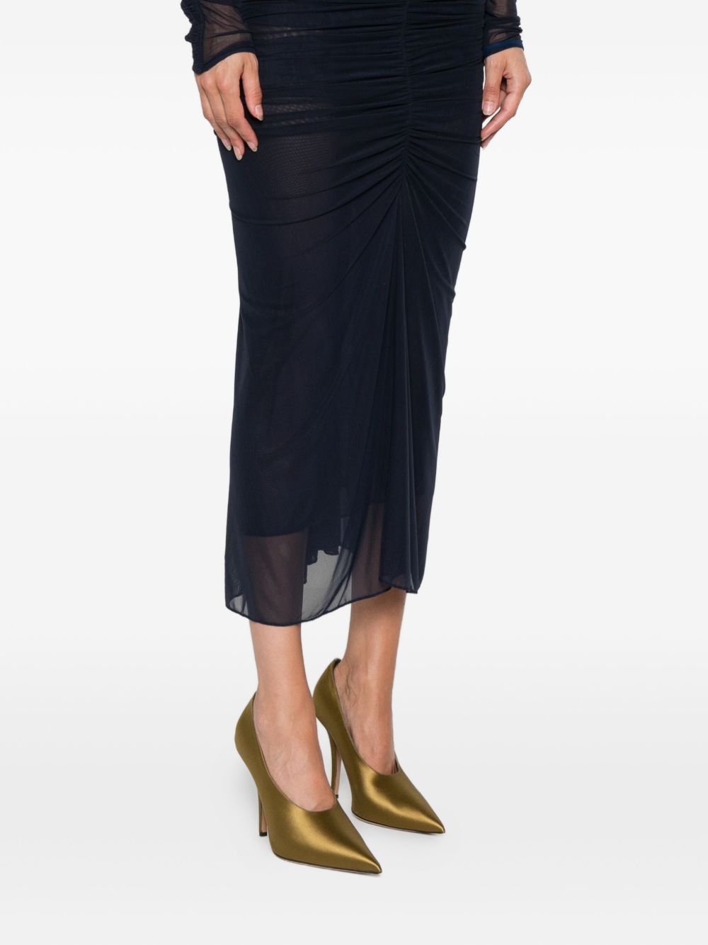 Mugler Black Ruched Mesh Midi Skirt In Black