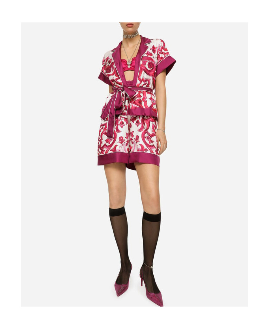 Dolce & Gabbana Maiolica Belted Piped Printed Silk-twill Shirt In Pink