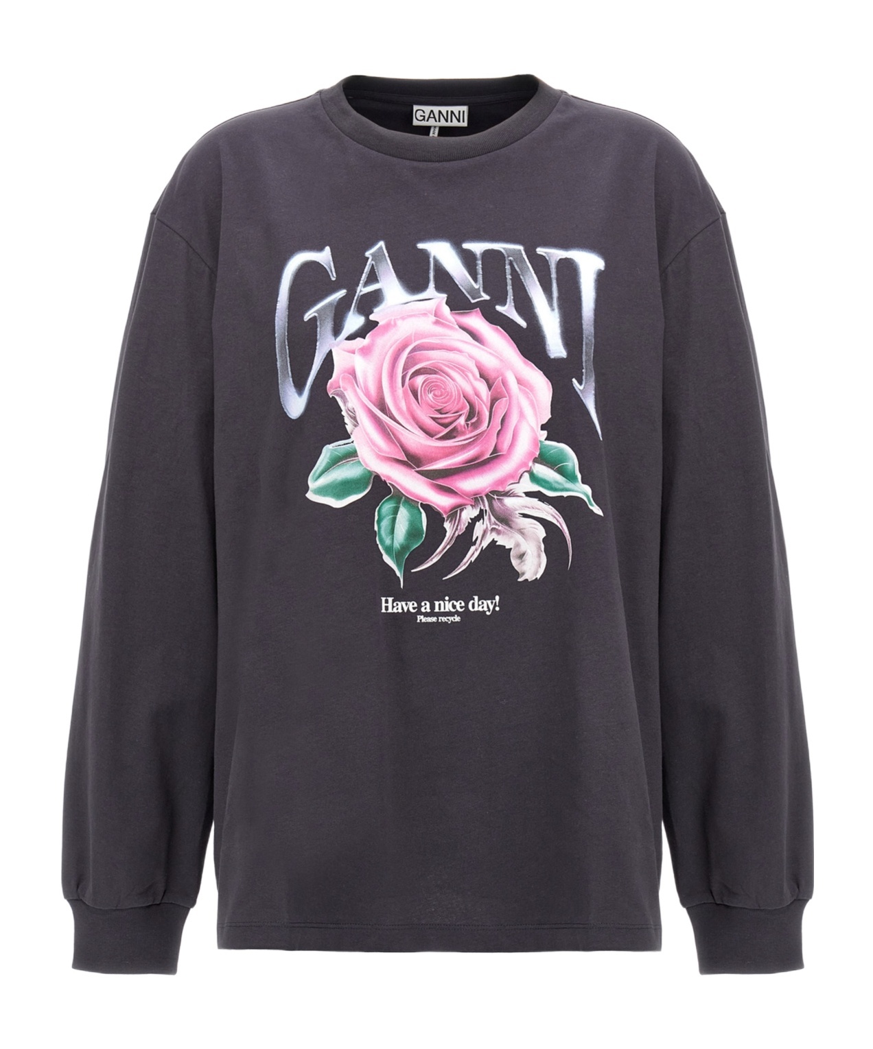 Ganni Black Basic Jersey Rose Relaxed T-shirt In Black