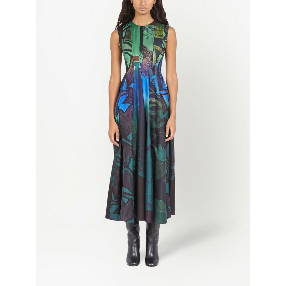 Ferragamo Sleeveless Graphic Printed Silk Midi Dress In Multi