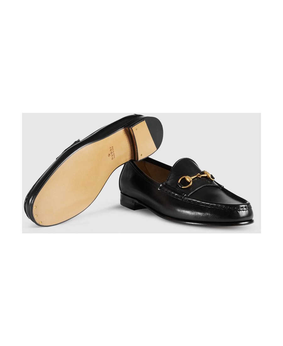 Gucci Women Black Calf Leather Moc Stitching Signature Horsebit Detail Almond Toe Slip-on Style Bran In Black