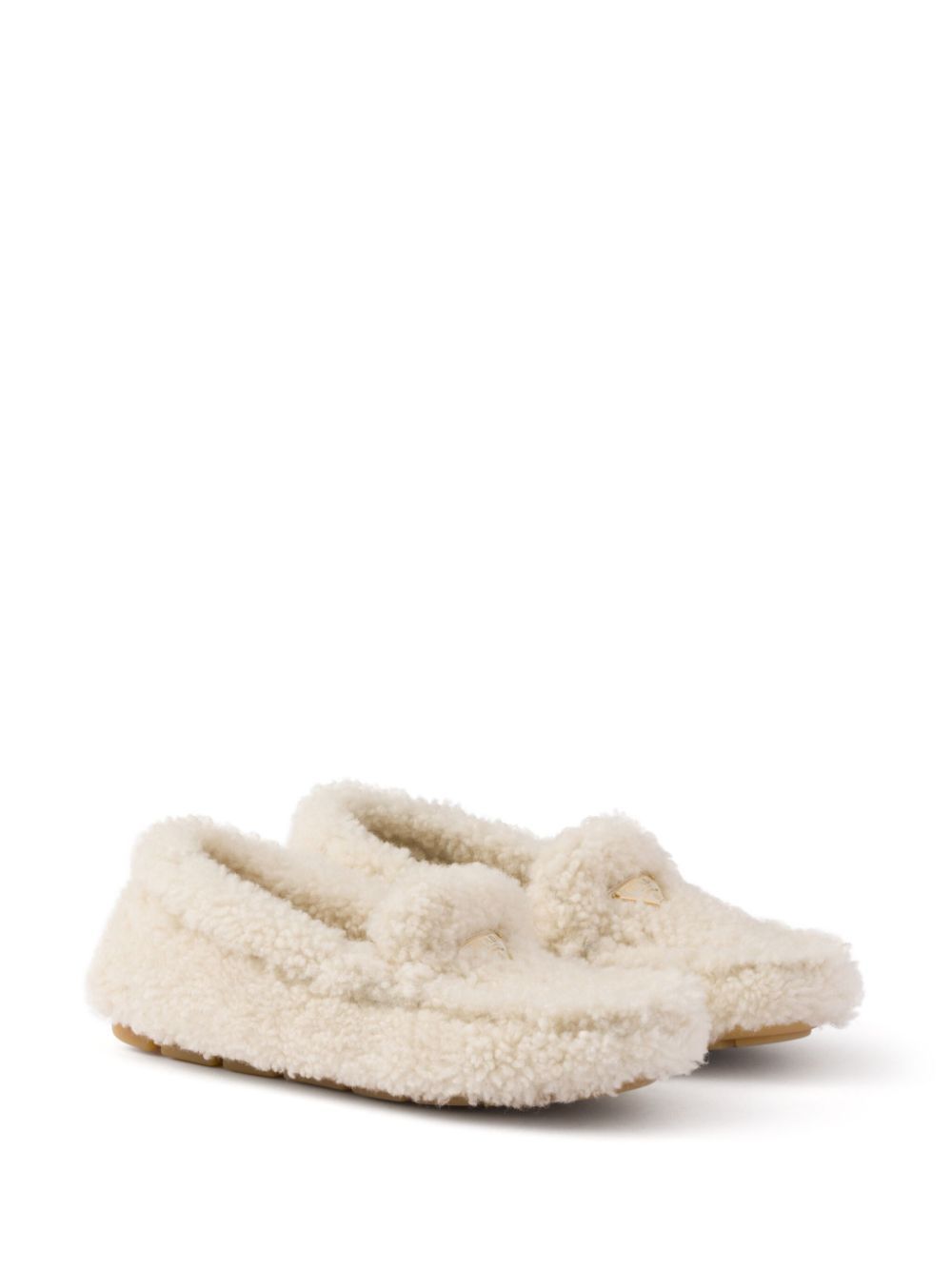 Prada Triangle Logo Shearling Loafers In Nude