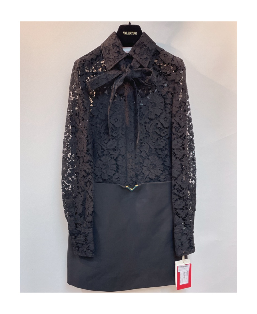 Valentino Floral-lace Long-sleeve Shirt Dress In Black