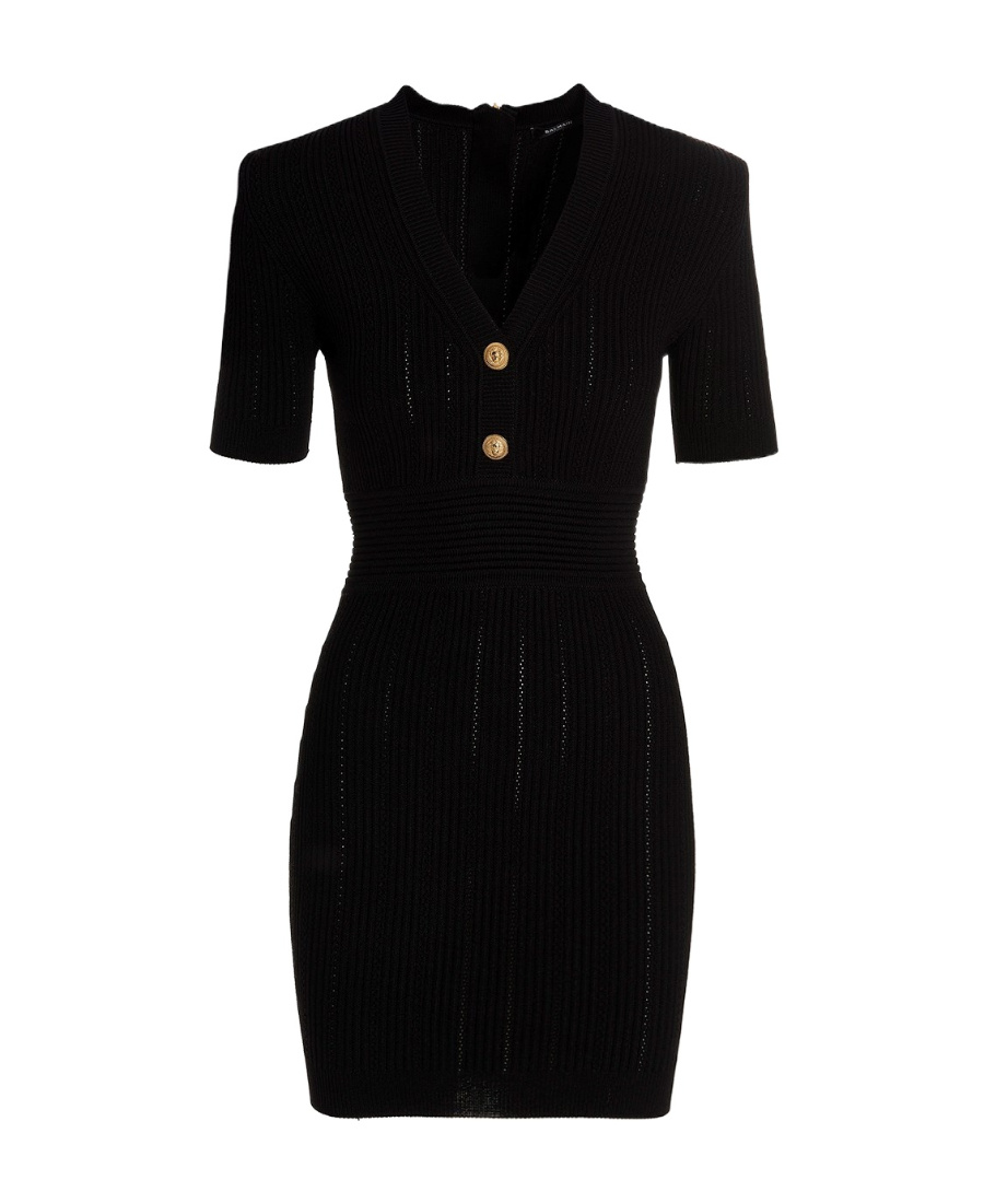 Balmain Short Knit Dress With Gold Buttons In Black