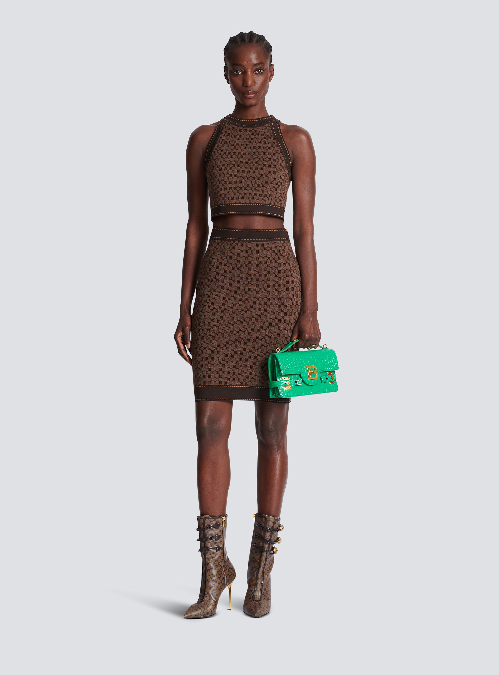 Balmain Brown Mini Monogram Midi Skirt In Brown