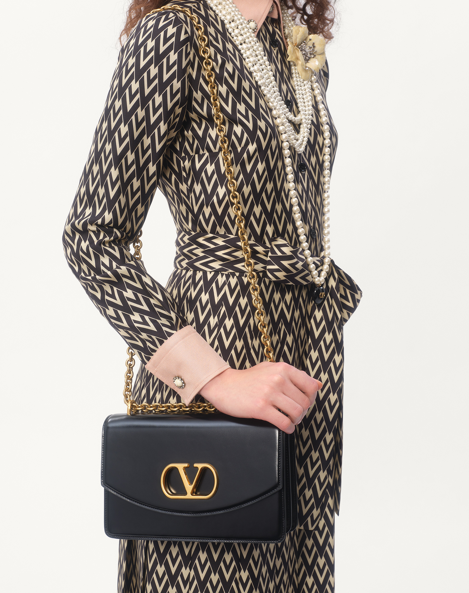 Valentino Embellished Belted Printed Silk-twill Midi Shirt Dress In Black
