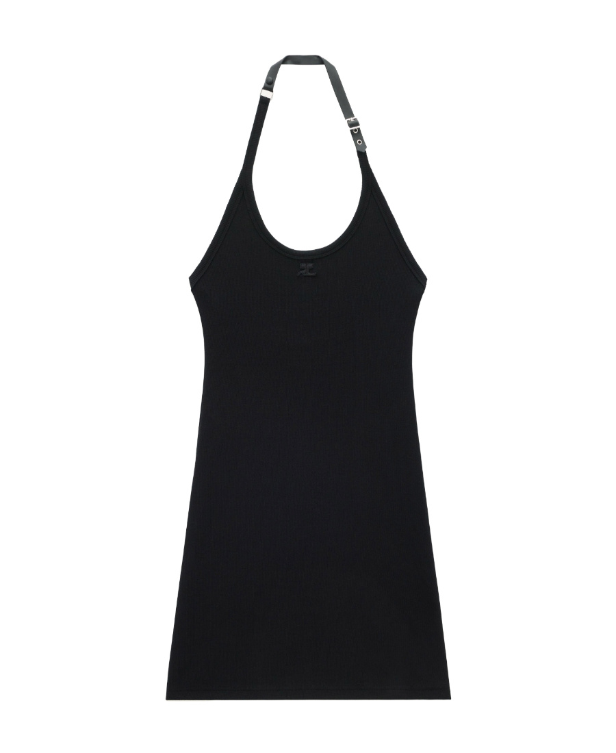 Courrèges White Stretch Cotton Fitted Mini Dress In Black