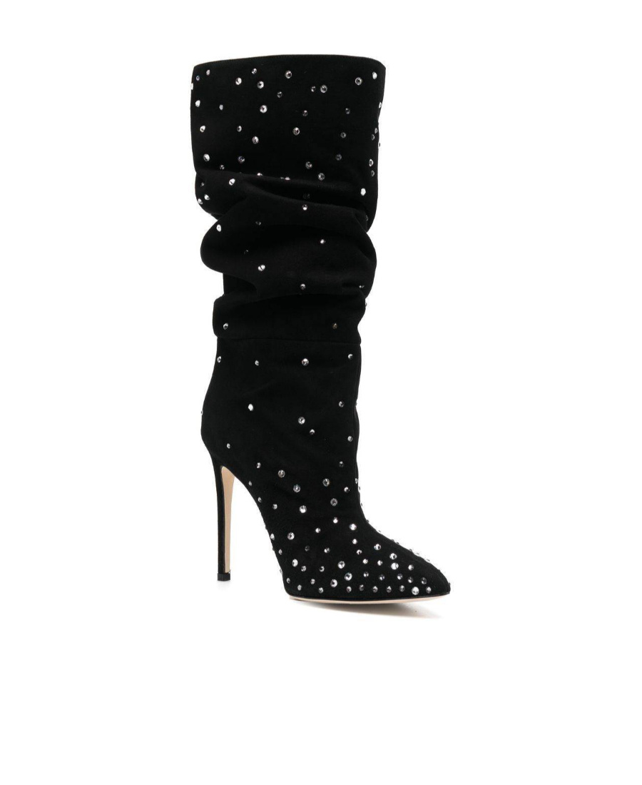 Paris Texas Suede Crystal Holly Stiletto Slpouchy Boot Heel In Black