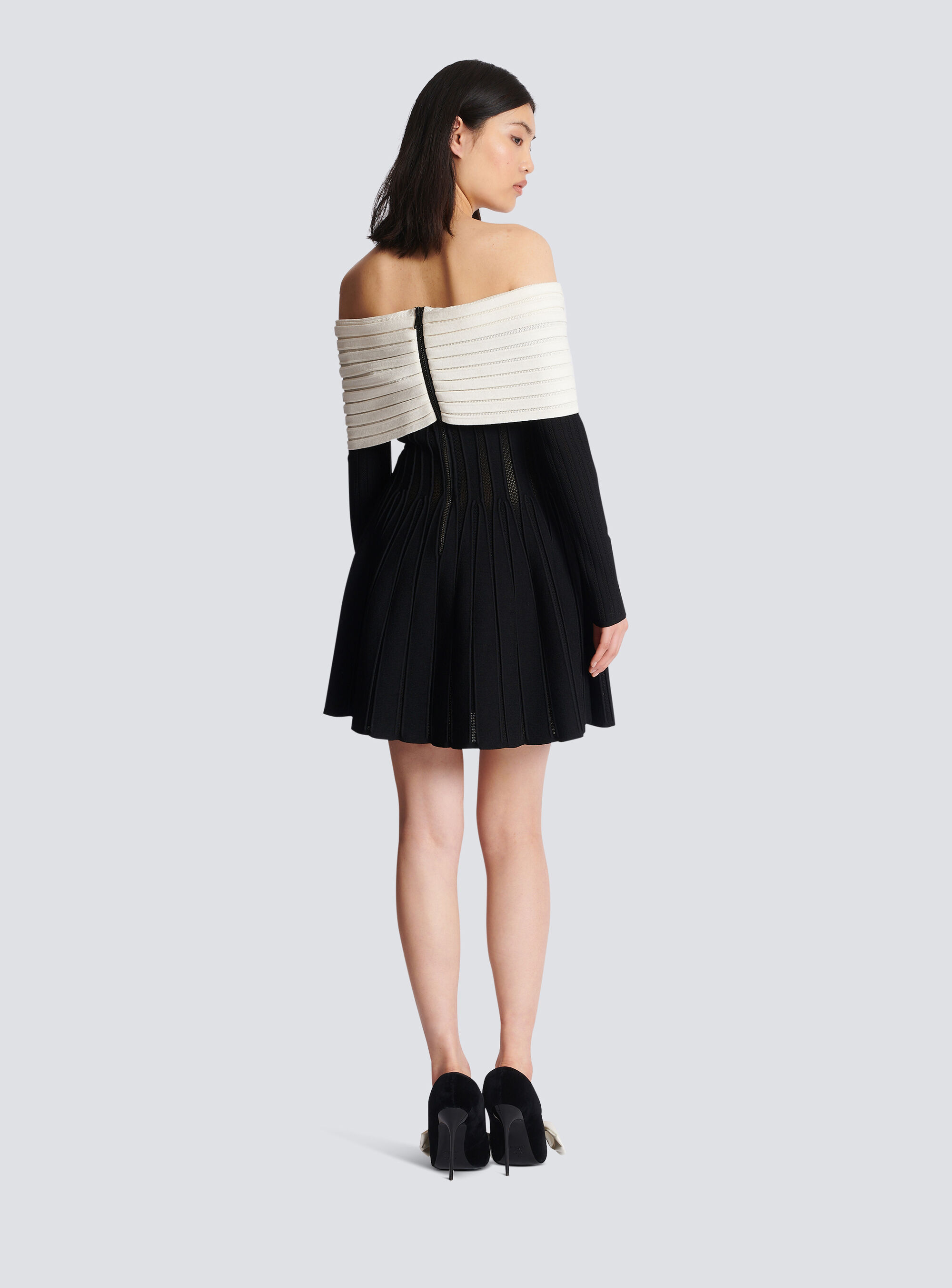 Balmain Off-the-shoulder Two-tone Ribbed-knit Mini Dress In Black