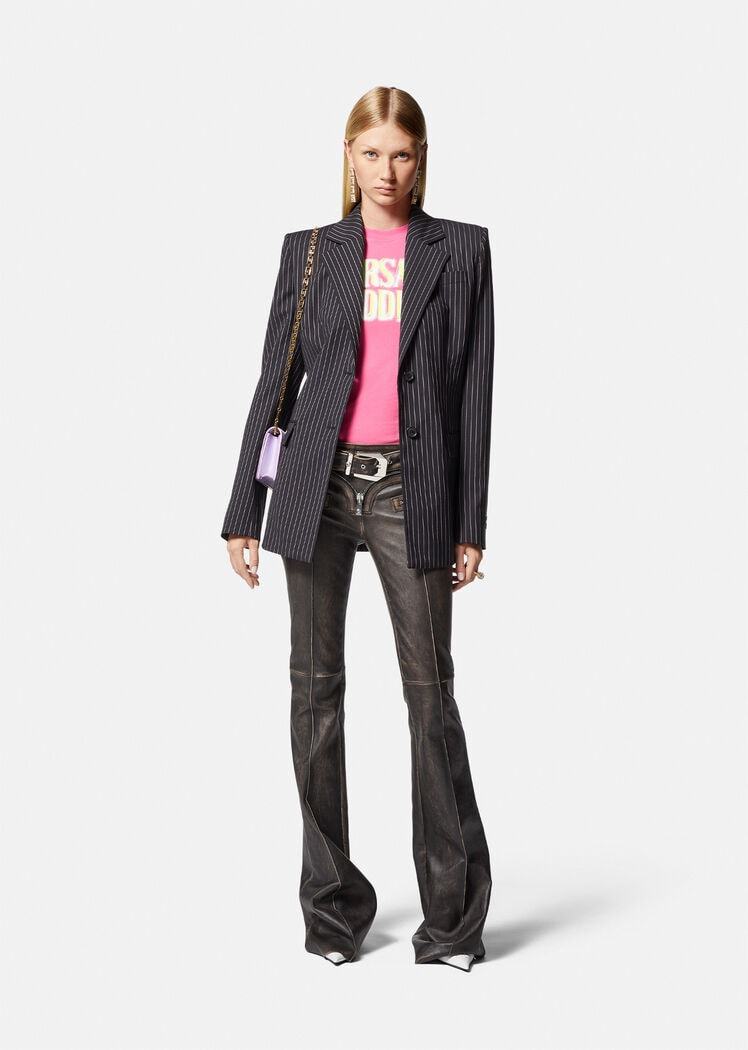Versace Slogan-print Long-sleeve T-shirt In Pink