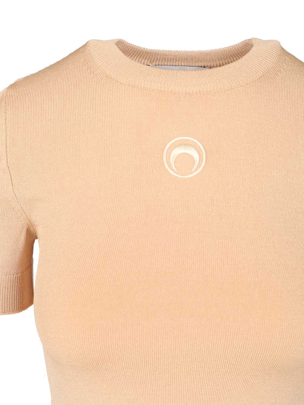 Marine Serre Embroidered Logo Short-sleeved Knit T-shirt In Neutral