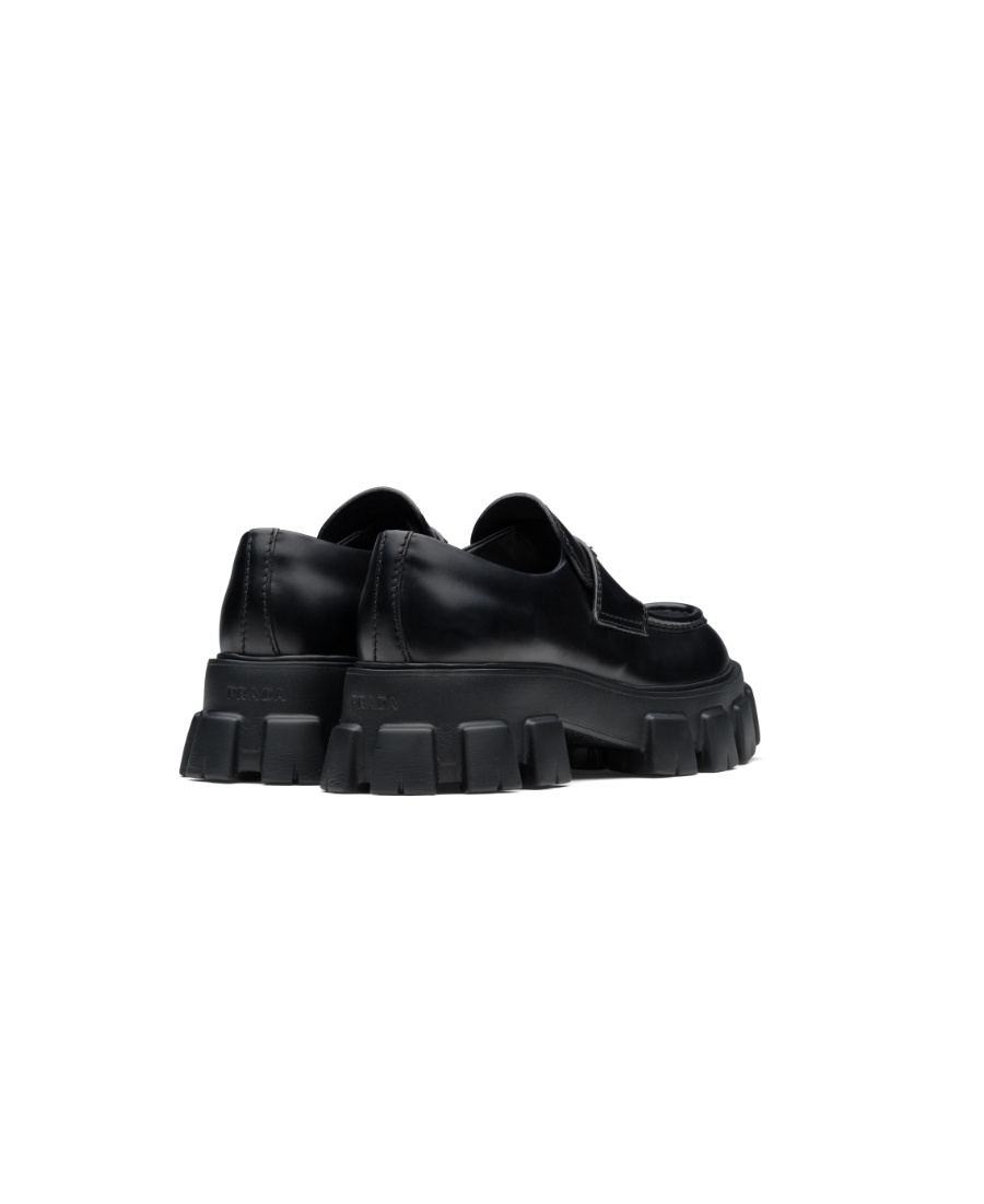 Prada Monolith Patent Leather Flatform Loafers In Black