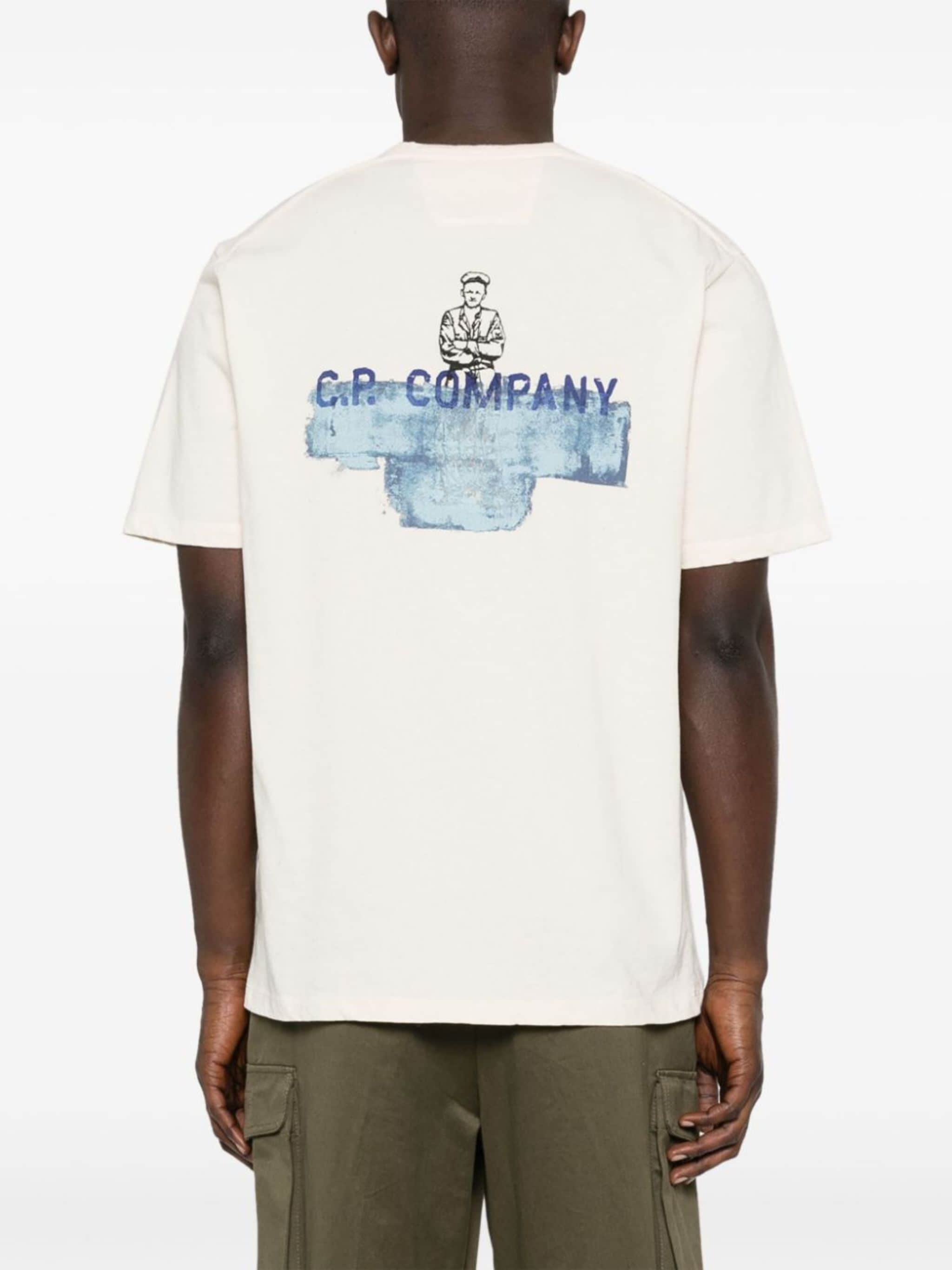 C.p. Company Men Beige T-shirt With Print On The Back In White
