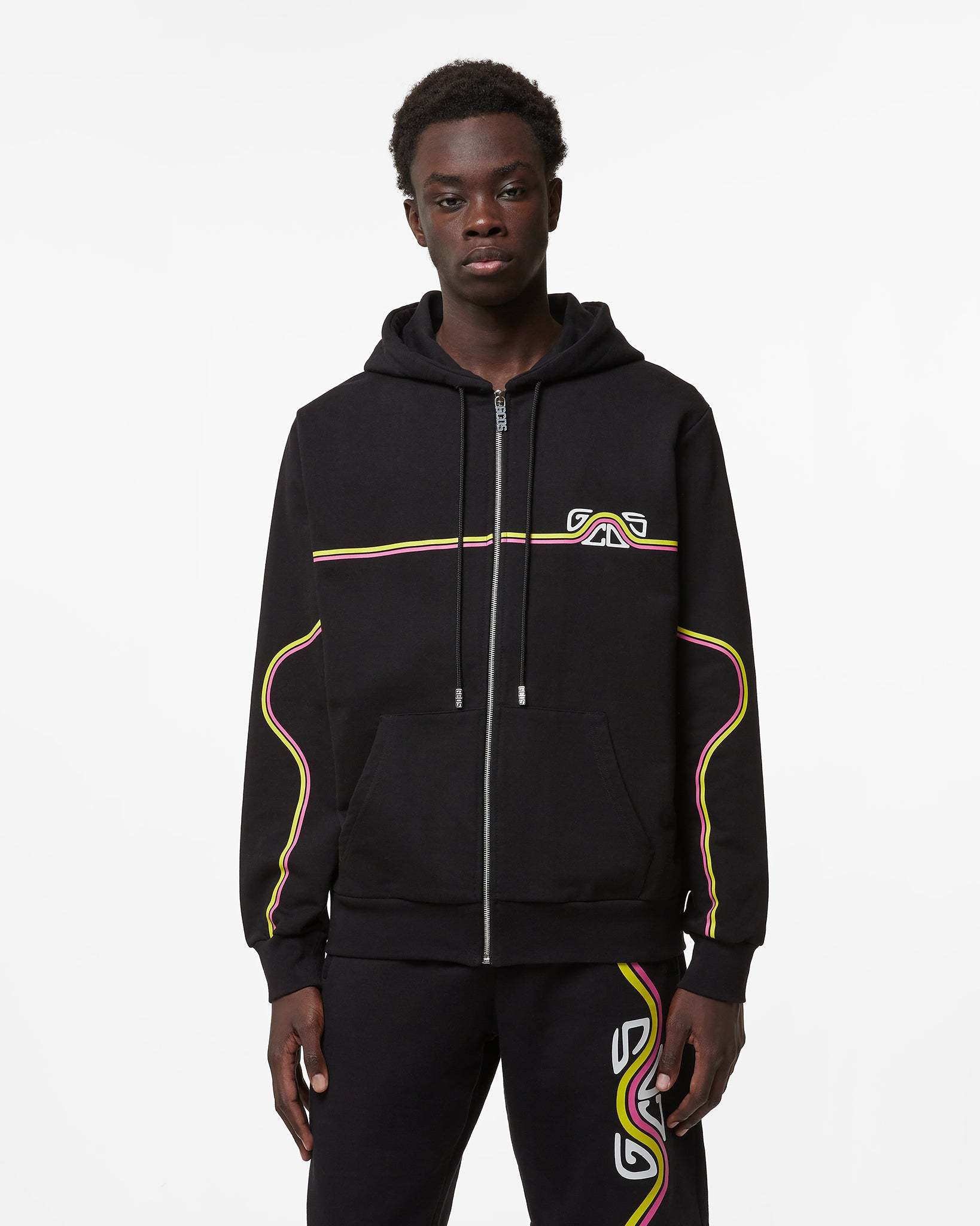 Gcds Black Waved Logo Hoodie In Black