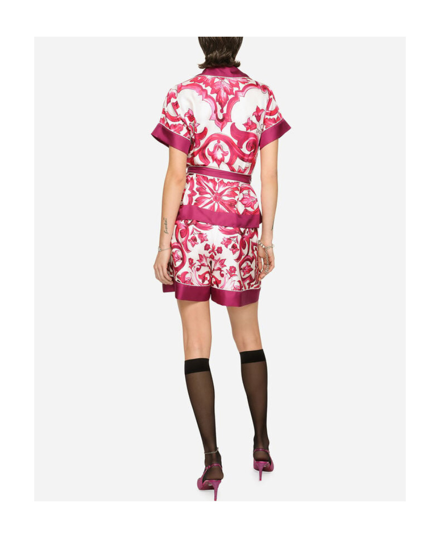Dolce & Gabbana Maiolica Belted Piped Printed Silk-twill Shirt In Pink