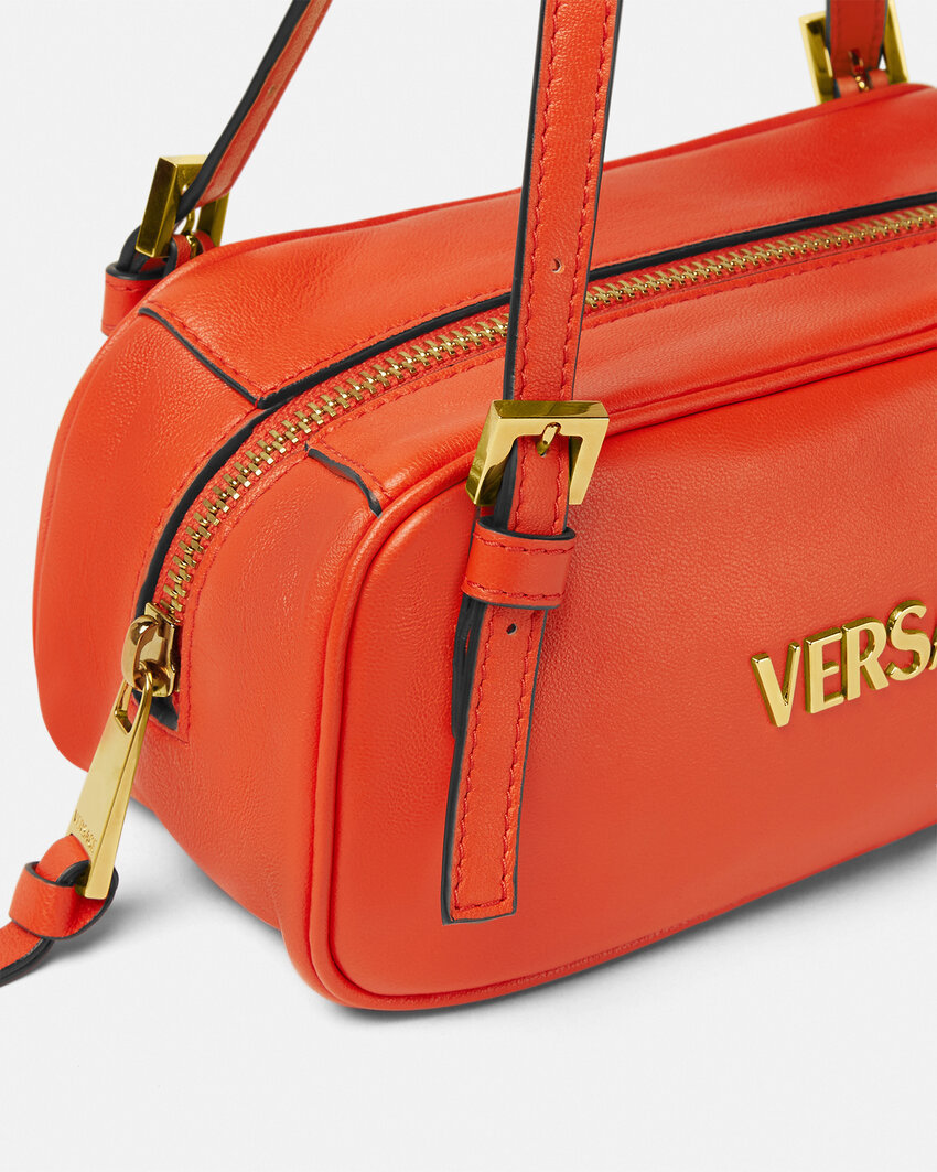 Versace Tag Bowling Leather Shoulder Bag In Orange
