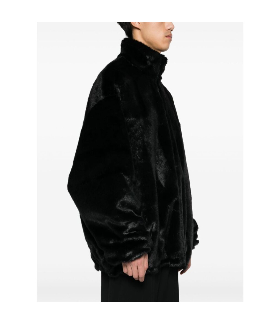 Balenciaga Logo Patch Faux Fur Jacket In Black